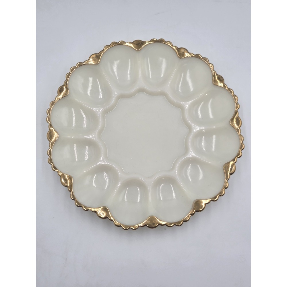 Anchor Hocking Fire King Milk Glass Deviled Egg Plate W/22K Gold Trim 1950s VTG
